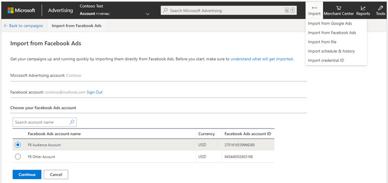 choose Facebook Ads-account to import into Microsoft Advertising