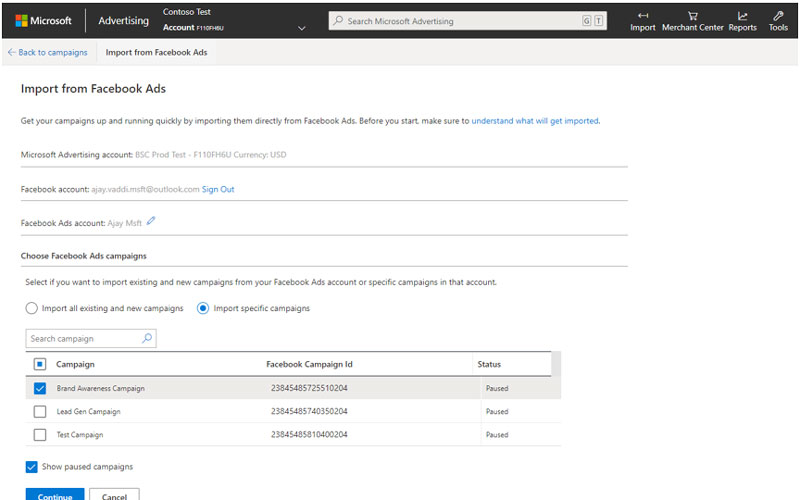 Choose Facebook campaigns to import in Microsoft Advertising