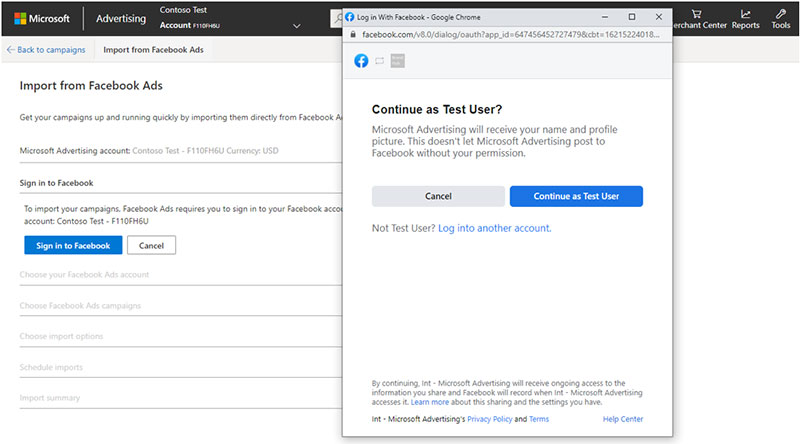 import Facebook ads into Microsoft Advertising- Sign in to Facebook