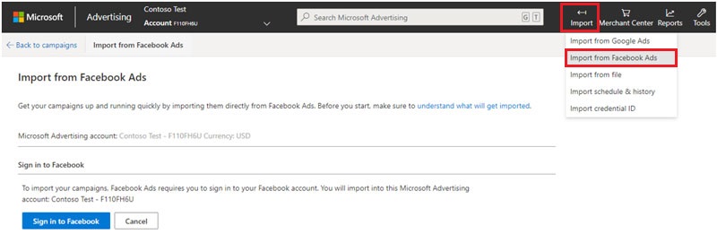 import Facebook ads into Microsoft Bing Advertising