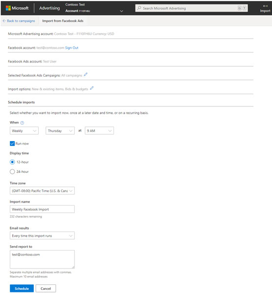 Run or schedule Facebook Ads import in Microsoft Advertising